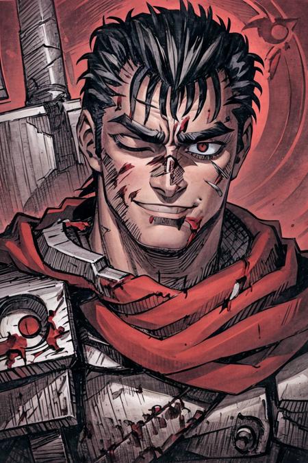 06454-1876731782-portrait of guts _(berserk_), 1boy, black hair, smiling, teeth, closed mouth, looking at viewer, male focus, one eye closed, red.png